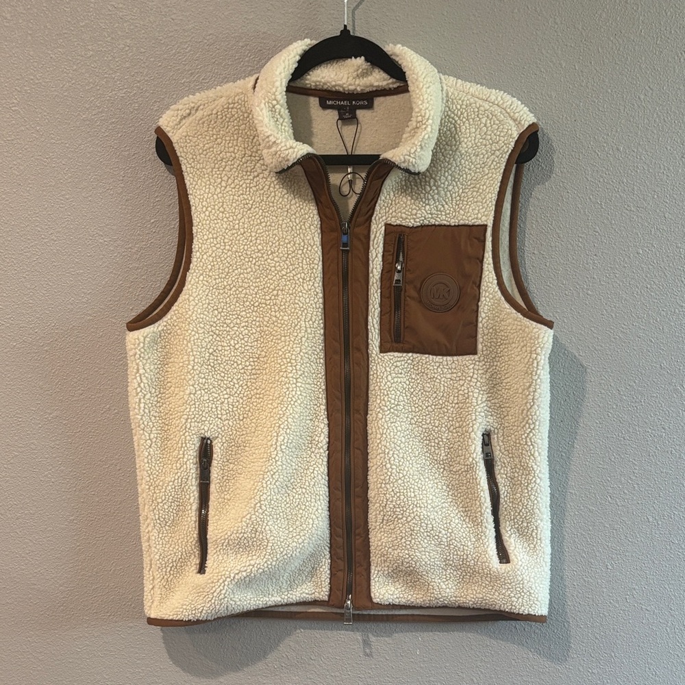 Michael Kors White and Brown Fleece Vest